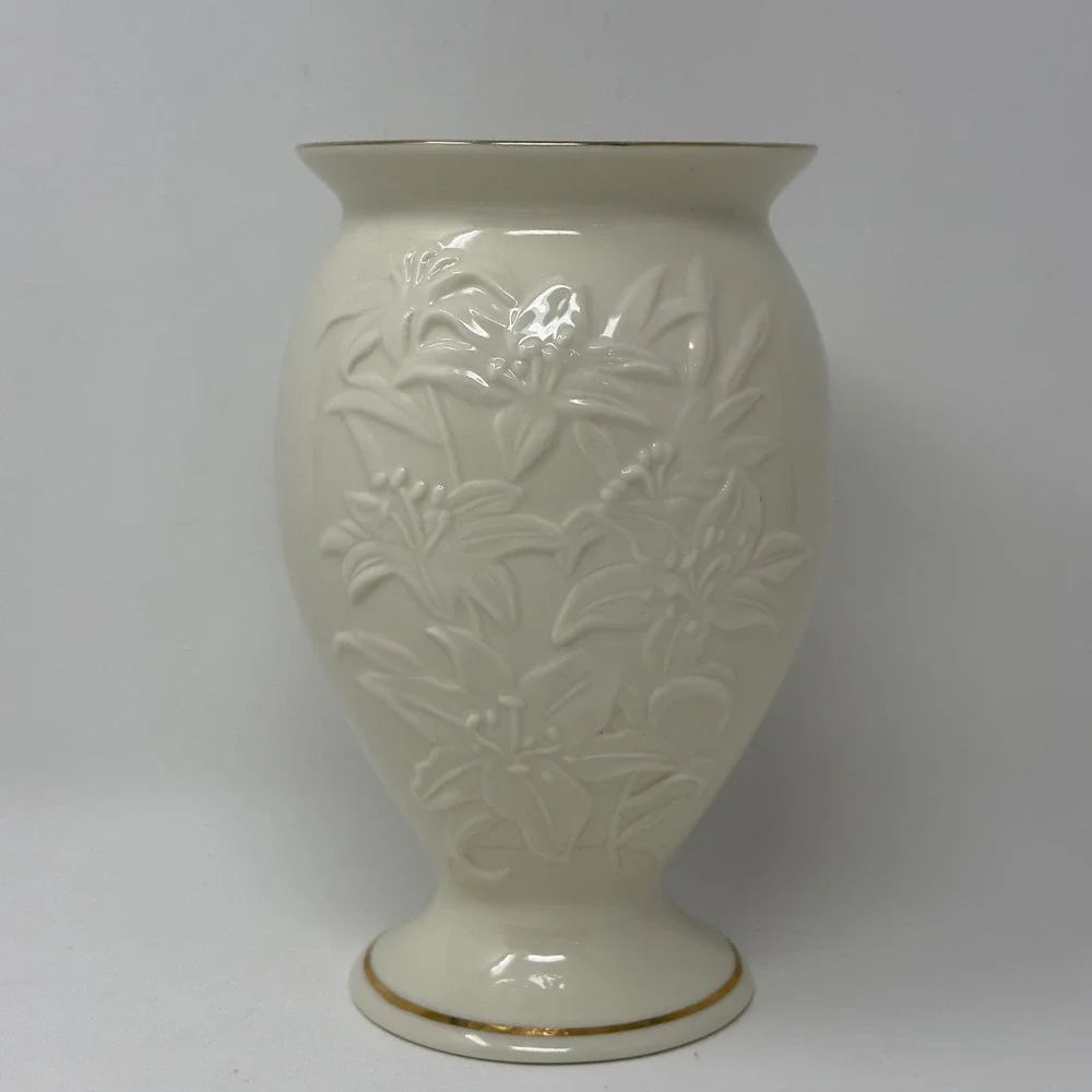 Vintage Lenox Ivory Porcelain Lily Vase Embossed Floral Gold Trim